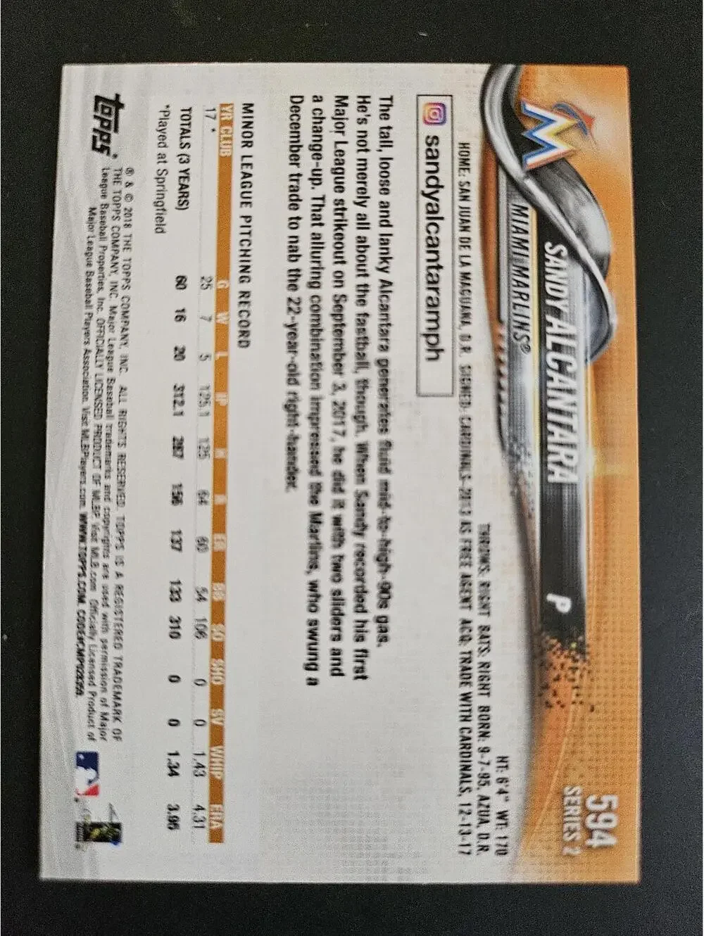 2018 Topps - Sandy Alcantra Rookie Card RC #594 - RAW Mint - Miami Marlins - Picture 2 of 2